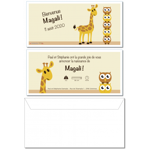 Carte de naissance girafe, 22 x 10.5 cm, recto-verso